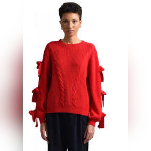 Molly Bracken By ANTROPOLOGY Red Cable Knit Sweater with Bow Details Size Lge - Picture 2 of 13